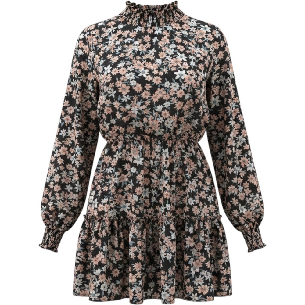 Pink Lily Floral Tiered Mini Dress Mock Neck Long Sleeve Black Boho Size Medium